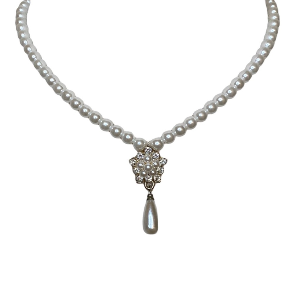 Faux Pearl Silver Necklace Set with Earrings